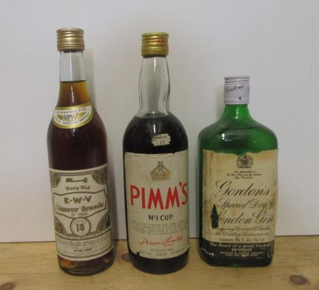 One 24oz bottle KWV Liqueur Brandy (S.A.), one bottle Gordons Gin, one bottle Pimms No.1 (3) (Est.