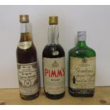One 24oz bottle KWV Liqueur Brandy (S.A.), one bottle Gordons Gin, one bottle Pimms No.1 (3) (Est.