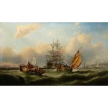 JOHN CALLOW (1822-1878), Man O' War Anchored in a Busy Channel, oil on canvas, signed, 30 1/4" x