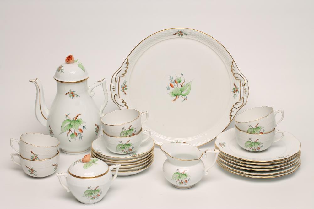 A HEREND PORCELAIN TEA SERVICE, modern, printed and overpainted in polychrome enamels with the "Rose