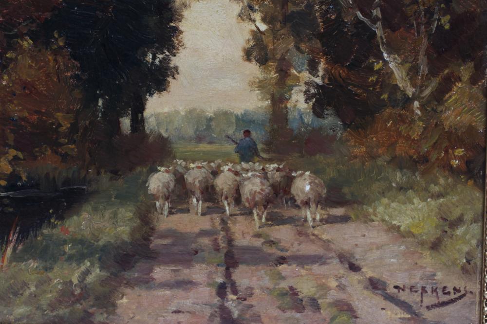 MARTINUS JACOBUS NEFKENS (Dutch 1866-1941), Shepherd and Flock in a Wooded Lane, oil on canvas, - Bild 2 aus 2