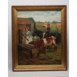 FRANK JAMES (19th/20th Century), An Encounter at the Water Trough, oil on canvas, signed, 27 1/2"