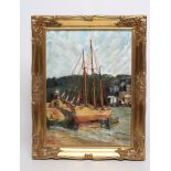 GEORGE TURLAND (1877-1947), Harbour Scene with Three Masted Ship, oil on board, signed, 16" x 12",