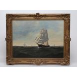 WILLIAM MOORE (1837-1910), Three Masted Ship in Full Sail near the Coast, oil on canvas, signed with