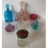 Seven pieces of glass including two Caithness ring stands and a silver and tortoiseshell topped jar