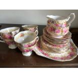 Royal Albert Serena pattern tea service. Six cups, saucers and plates etc, chip to jug.