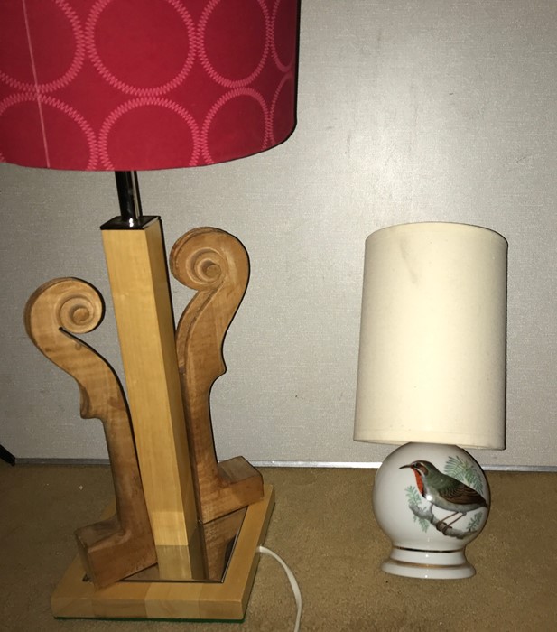 Two modern lamps, one with violin/viola necks.