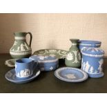 Nine pieces of Wedgewood Jasperware pottery.