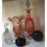 Pieces of glassware to include Caithness Paperweight, two ducks, decanter etc.