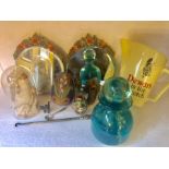 Miscellany to include mirrors Cloisonné egg, cat, Wade Dewars jug. silver salt spoon, button hook.