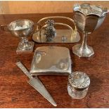 Two silver trophies, cigarette case etc.