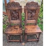 Pair Stuart style oak chairs depicting King Charles at Dover ex. Welton Hill sale 1980