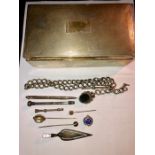 Silver cigarette box and contents to include pencils, bookmark, stick pins, silver watch chain and