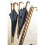 Seven various canes and umbrellas to include silver mounts.