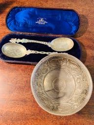 White metal bowl and two spoons in original Madras case