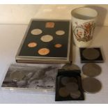 A collection of various 20thC coins together with a Foley China Coronation cup for 1902.