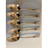 Five Georgian silver teaspoons, various dates and makers together with 6 silver handled knives.