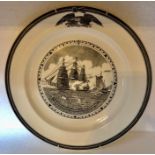 Wedgwood transferware plate depicting HMS Java and US Frigate constitution in 1812. 33cms d.