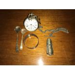 Continental silver pocket watch, silver spoons, napkin ring and plated violin case and vesta case.