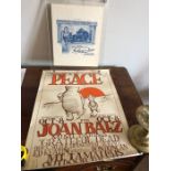 Advertising poster, Peace Joan Baez, 50 x 36cms and a grocers advert.