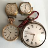 Two wristwatches, Waltham and Dux with two pocket watches,1 Waltham and 1 double cased silver.