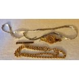 A 9ct gold bracelet, 9ct tie pin, 9ct brooch and a white metal necklace marked 9kt, 18.8gms.