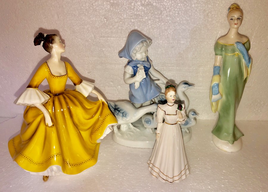 Four figurines to include Coalport Radiance, Royal Doulton, Stephanie, HN2807, Lorna HN2311, and