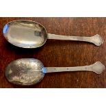 Pair 17th c fancy back trefid spoons dated 1694 marked twice RH for R Hamlin of Taunton