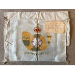 Embroidered cushion cover with the coat of arms of Yorkshire `K.O.L.I.’ - made by an injured