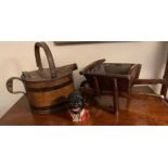 Toy wheelbarrow, tole ware watering can and a metal money box a/f