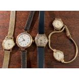 Four 9 ct gold ladies wrist watches inc. Tudor with 9ct bracelet, Omega etc.