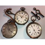 Three white metal pocket watches and 3 keys, crack to glass of one.