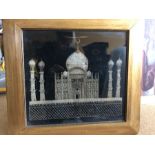 Needlework depiction of the Taj Mahal in silver and gold thread work.