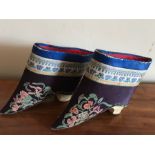 Chinese embroidered silk lotus shoes 18cms l, late 19th/20thC slight a/f in places,