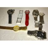 Seven wristwatches to include Radd white wristband, one Ascot automatic, one Rotary engraved, one