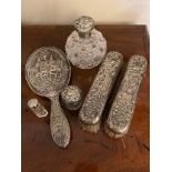Silver dressing accessories inc. 2 brushes, hand mirror and jars etc.