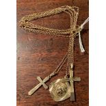 Two 9 ct gold crucifix and chains with 9 ct St. Christopher medallion and chain