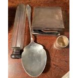 Silver spoon, shot cup, silver topped glass jar and an unmarked cigarette case