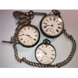 Three pocket watches, 2 silver, with chain fob and keys, 1 white metal, marked .935