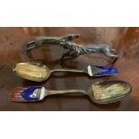 Pair plated knife rests in the manner of Hagenauer and Norwegion spoons mkd. sterling