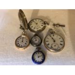 Five pocket watches to include enamel and silver, yellow metal, marked 14k.