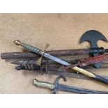 Seven weapons of varying ages inc. bayonet and dress sword with etched blade by Evans