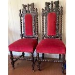 Pair ornately carved oak high back chairs c1900