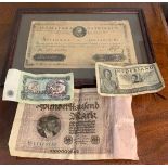 Framed Soixante livre bank note 1790 with three other notes