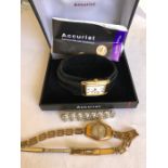 Gold cased ladies wristwatch, modern Accurist ladies wristwatch and brooch, marked sterling.