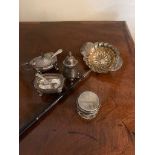 Silver condiment set , silver lidded jar and unmarked toddy ladle with whalebone handle