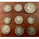 Queen Anne 1709 shilling with 8 various George III & IV silver coins.