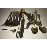 Silver and plated ware to include 3 silver spoons, handbag top and plated cake forks.