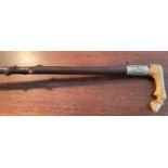 Good quality hawthorn walking stick with horn and ivory handle in the form of a horse's leg c1900