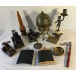 Assortment of Indian brassware, candlesticks, hip flasks, stamp embossers etc. (12)